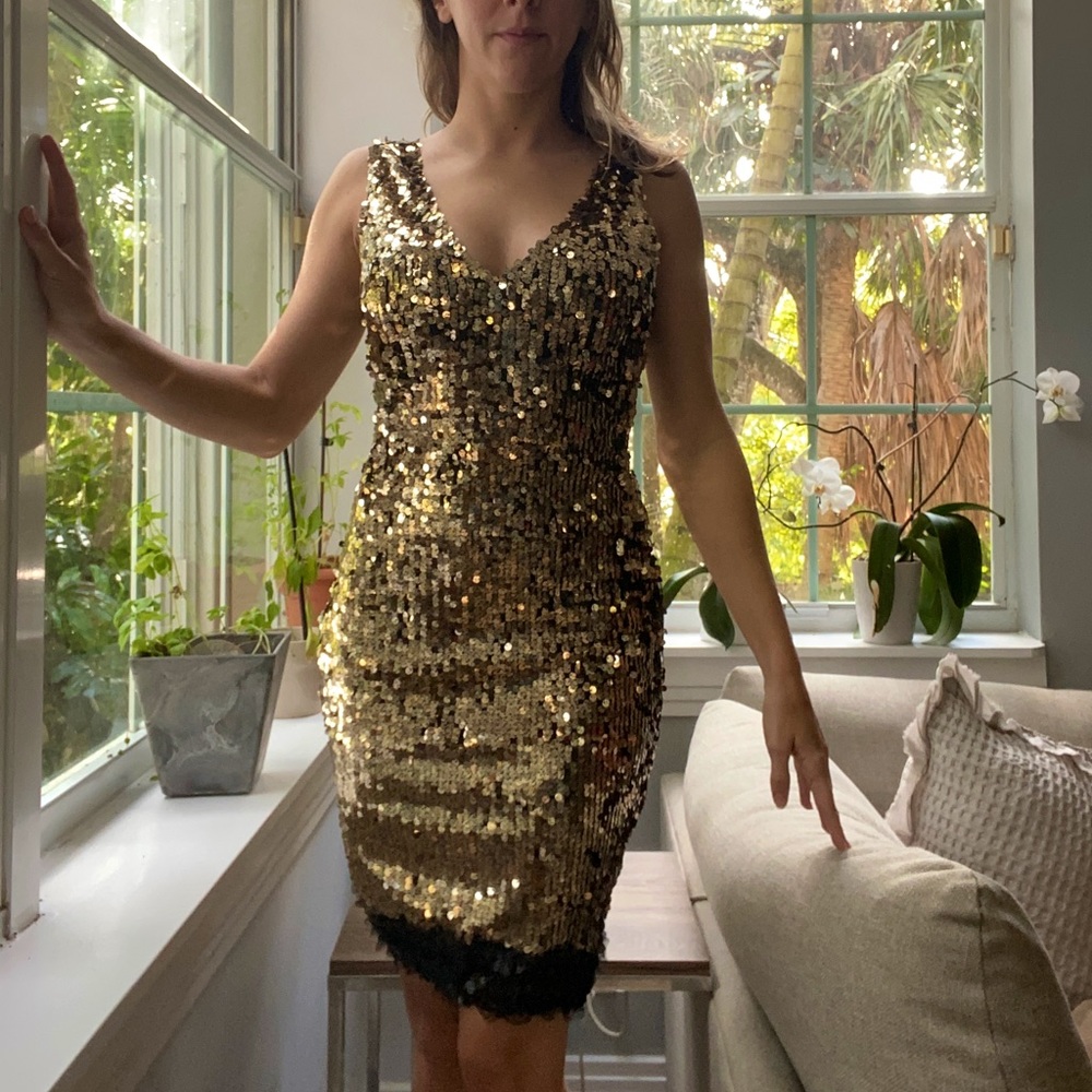 Gold Sequin Dress with Black trim Size Small